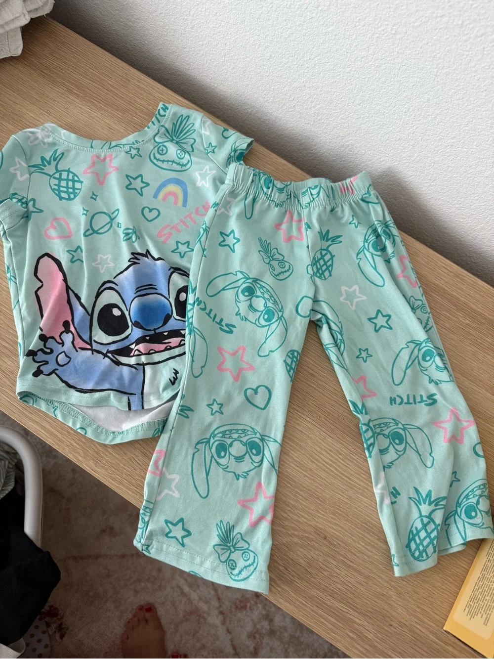 Disney Mint Green Stitch Two-Piece Pajama Set with Pink & Blue Accents